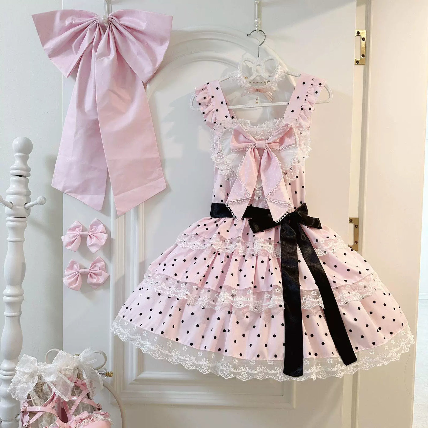 Sweetheart Dream Machine - Cream Ballet - JSK dress with black polka dots