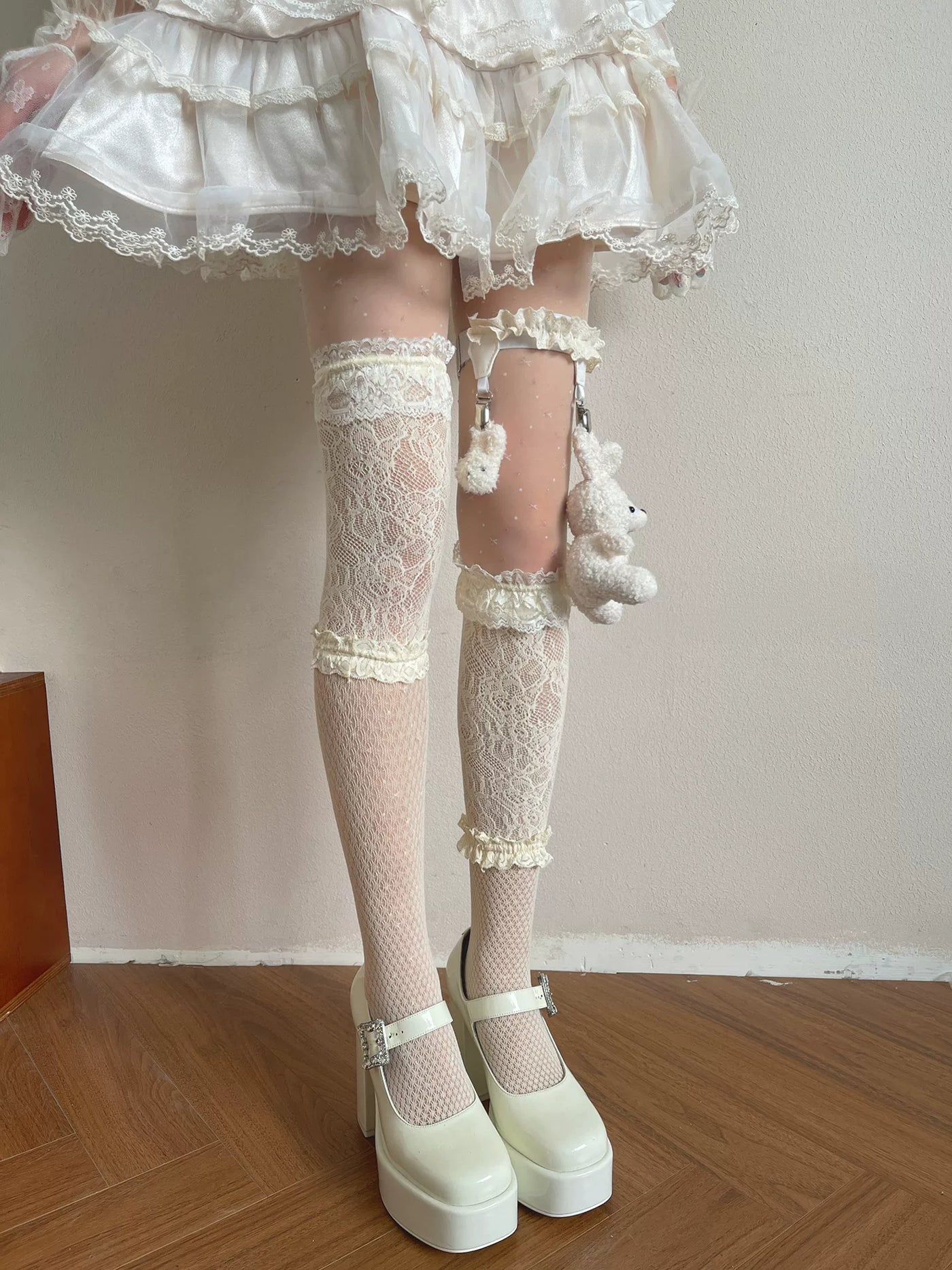 Sock Noble - Big-Eared Rabbit - Beige Tights and Lace Stockings with Rabbit Leg Ring