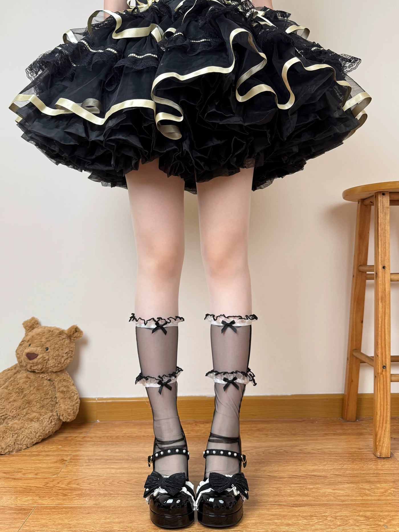 Chubby Bear Tales - Ballet Mesh Bow - Sheer Mesh Mid-Calf Socks with Ruffle Trim