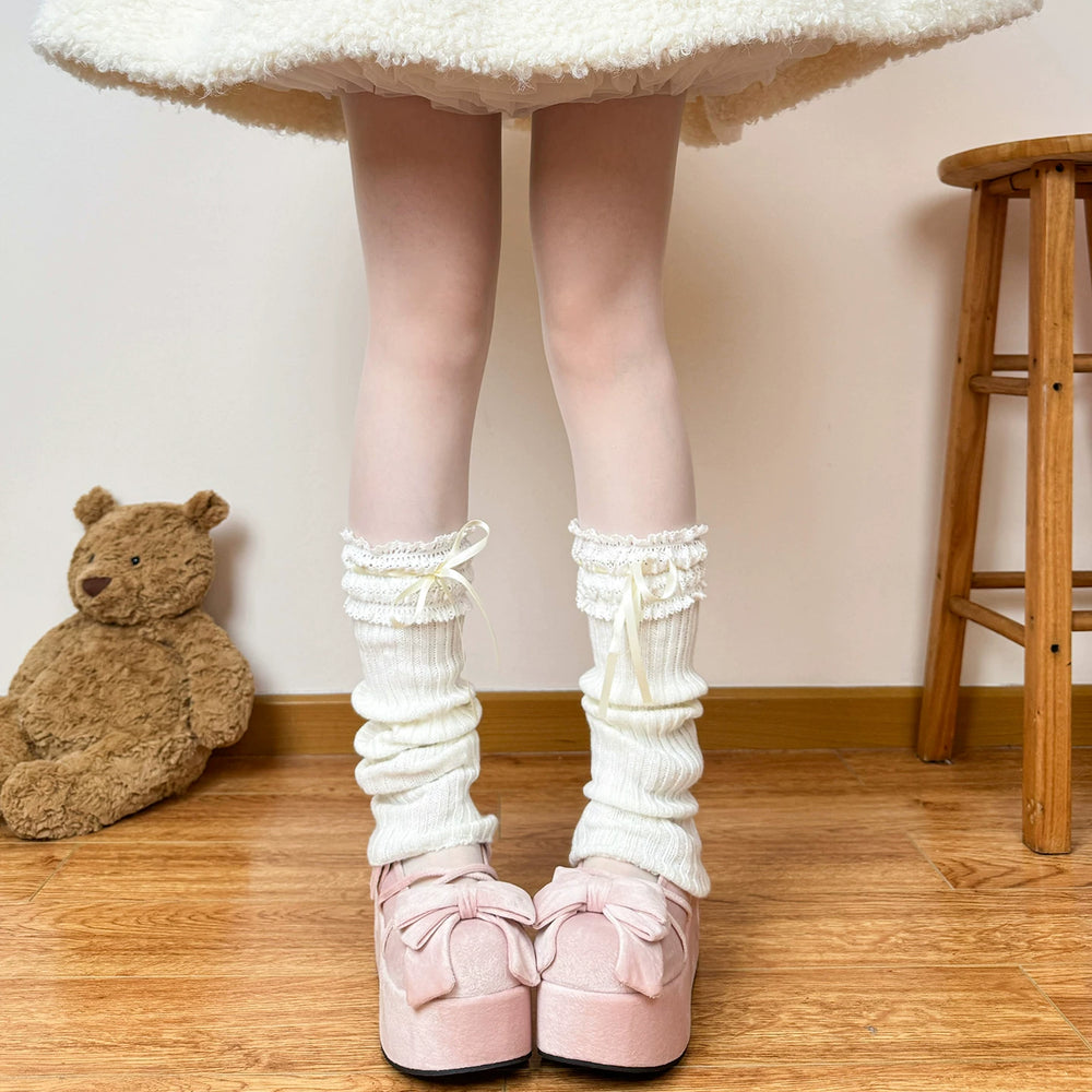 Beige ribbon Sweet Lolita leg warmers with satin bow tie