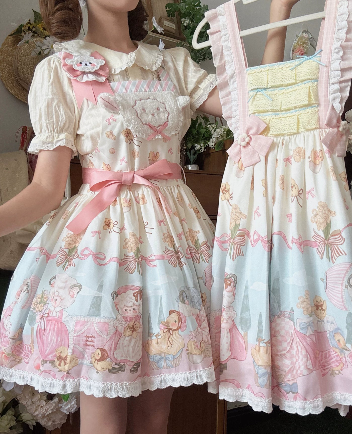 Cat Upon Cat - Sheep Waltz - Printed JSK with a Lace-Trimmed Hem