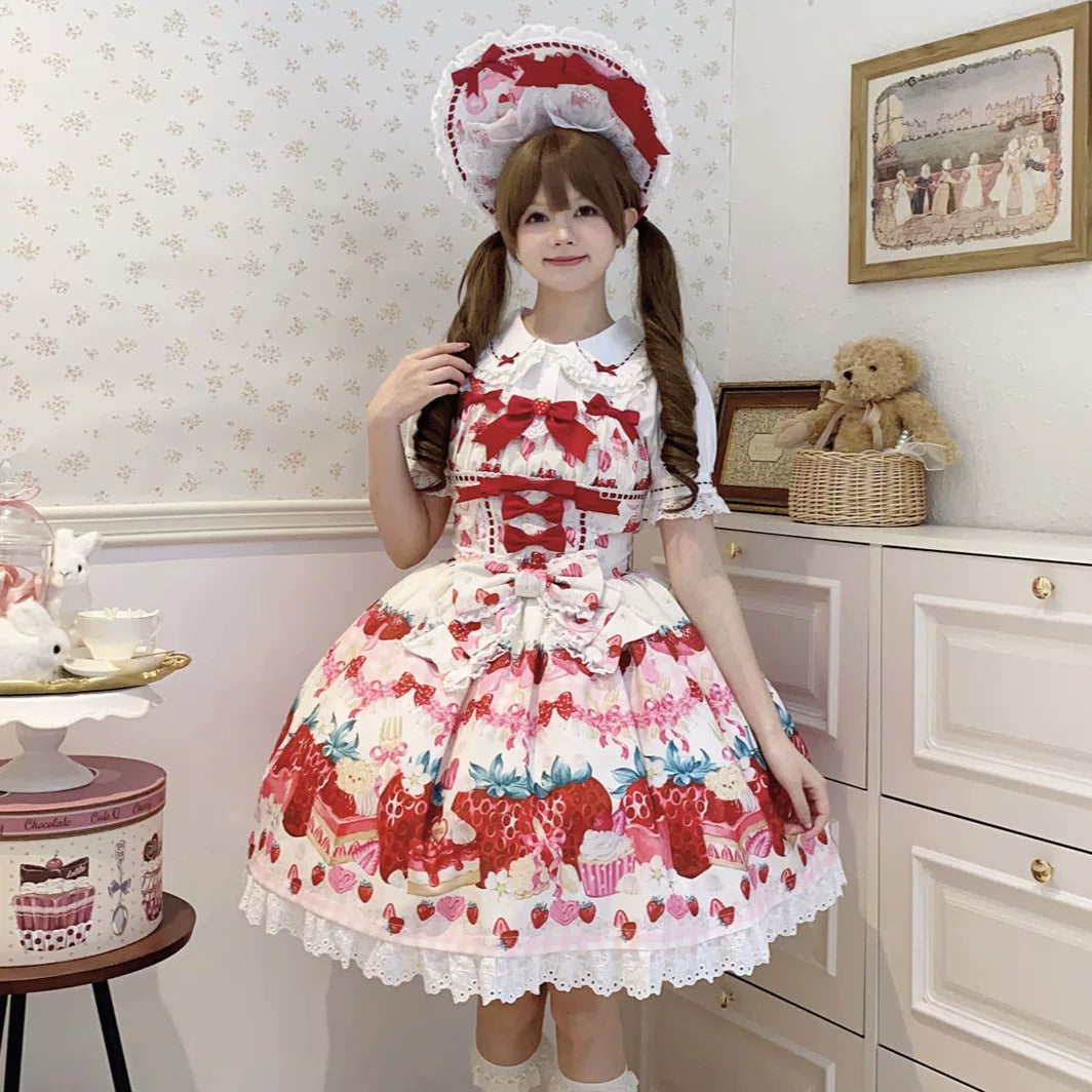 Lady Han Sweet Berry Love Sweet JSK dress by Lolita Fetch featuring a vibrant cherry and berry print on a sweet, feminine dress.