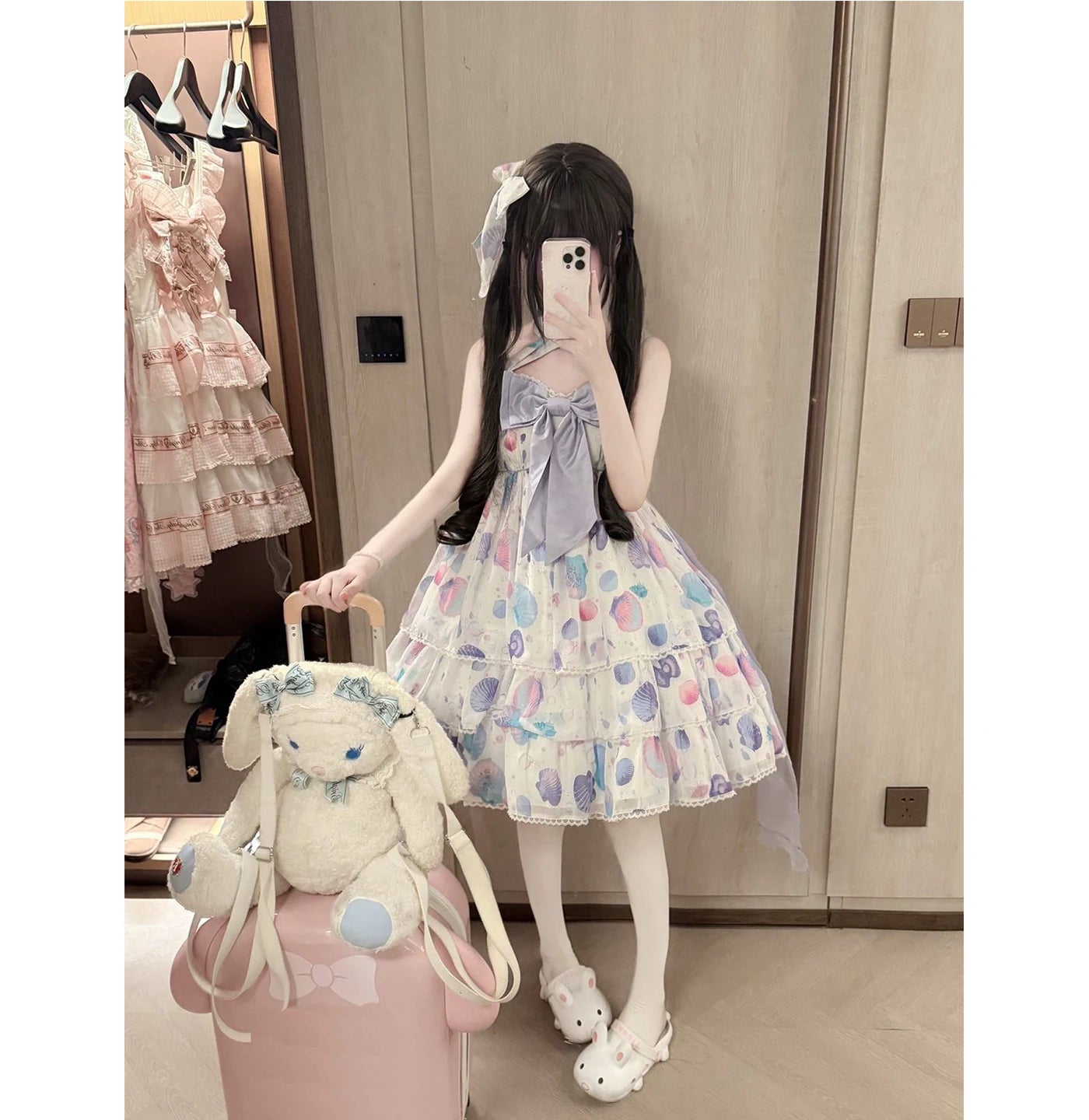 Creamy - Pastel Shell Print - White JSK dress with shell motifs and a large purple bow