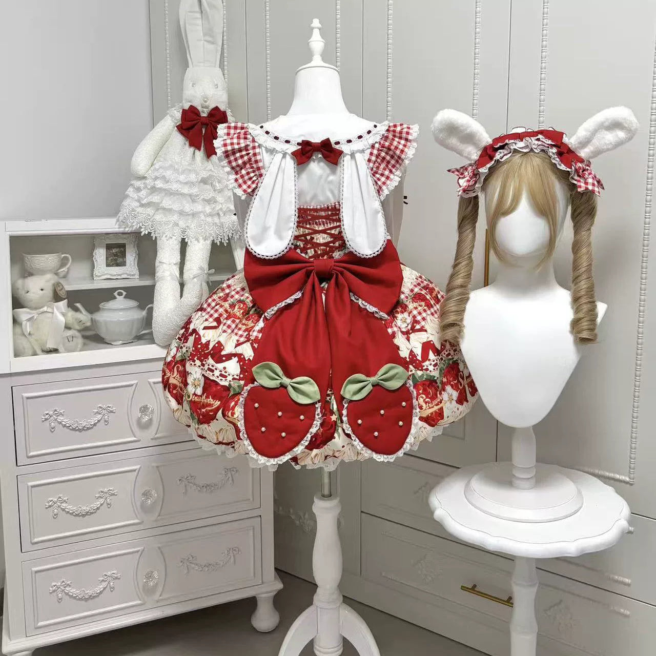 Bubble Bear red and pink strawberry JSKs with gingham ruffles and oversized bows