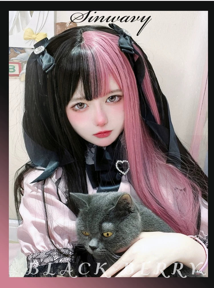 Black and berry pink long straight wig - view 5
