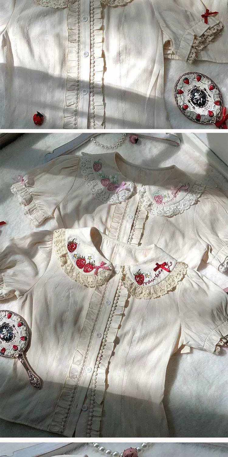 Sweetheart Dream Machine - Strawberry Garden - Short-Sleeve Lolita Blouse with Lace Trim