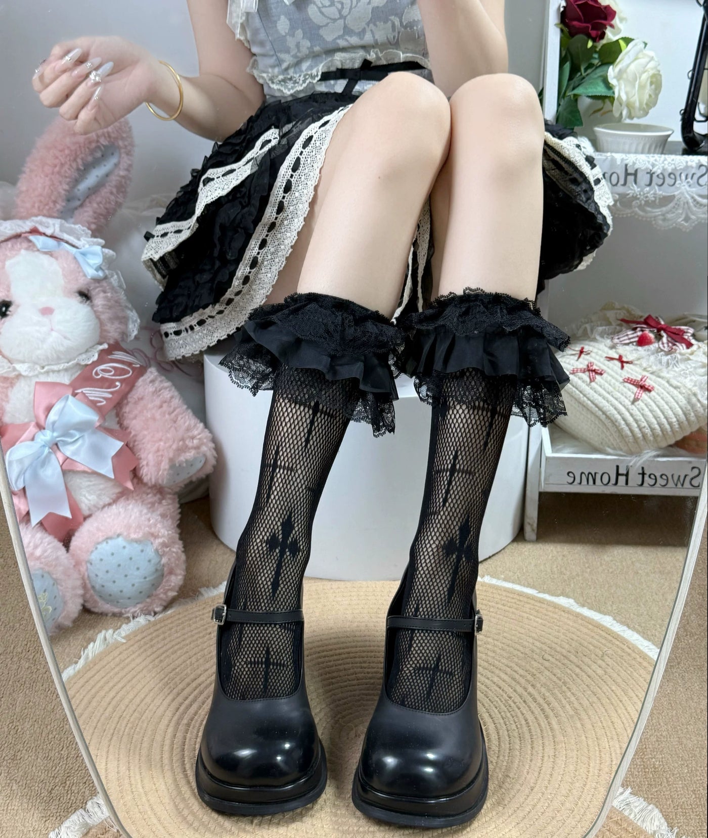 Fantasy Doll - Cross Lace - Fishnet Calf Socks with Ruffled Lace