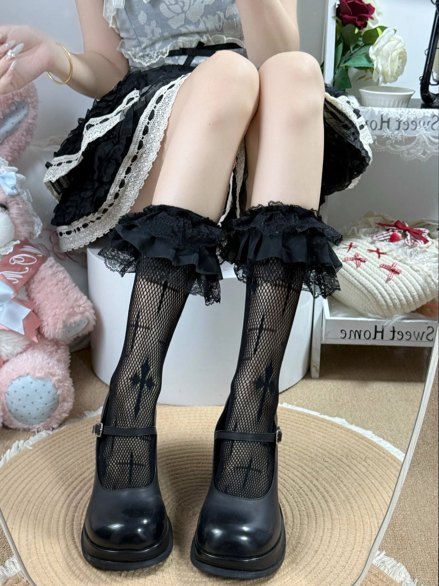 Fantasy Doll - Cross Lace - Calf Socks with Lace Trim and Cross Motifs