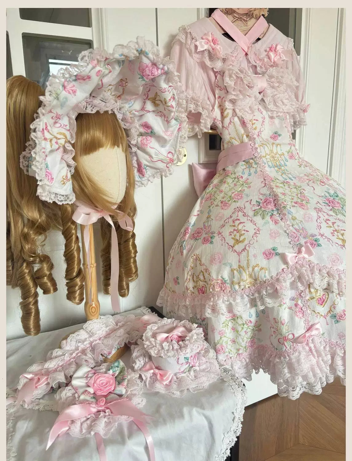 Sweetheart Dream Machine - Vintage Floral Wall - Ruffle-Trimmed Blouse with Doll Collar