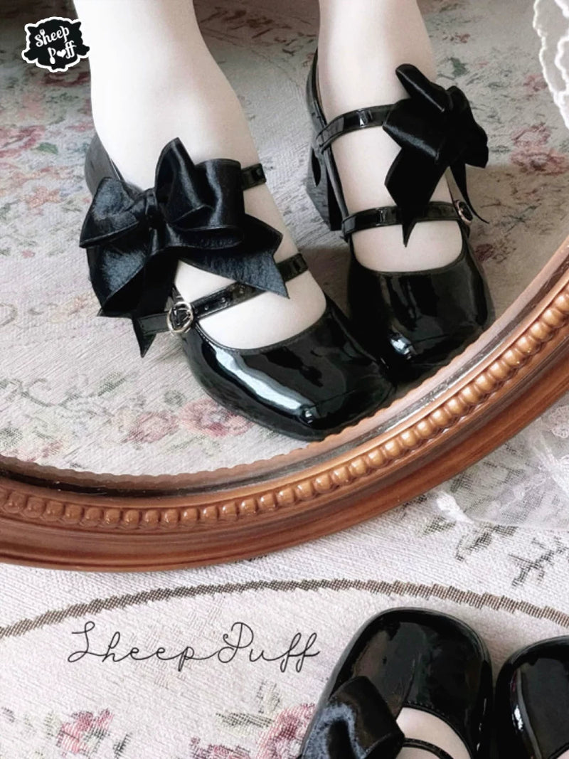 Sheep Puff Valentine Bow Mary Jane Shoes featuring adorable sheep puff and red bow detail on classic black Mary Janes.