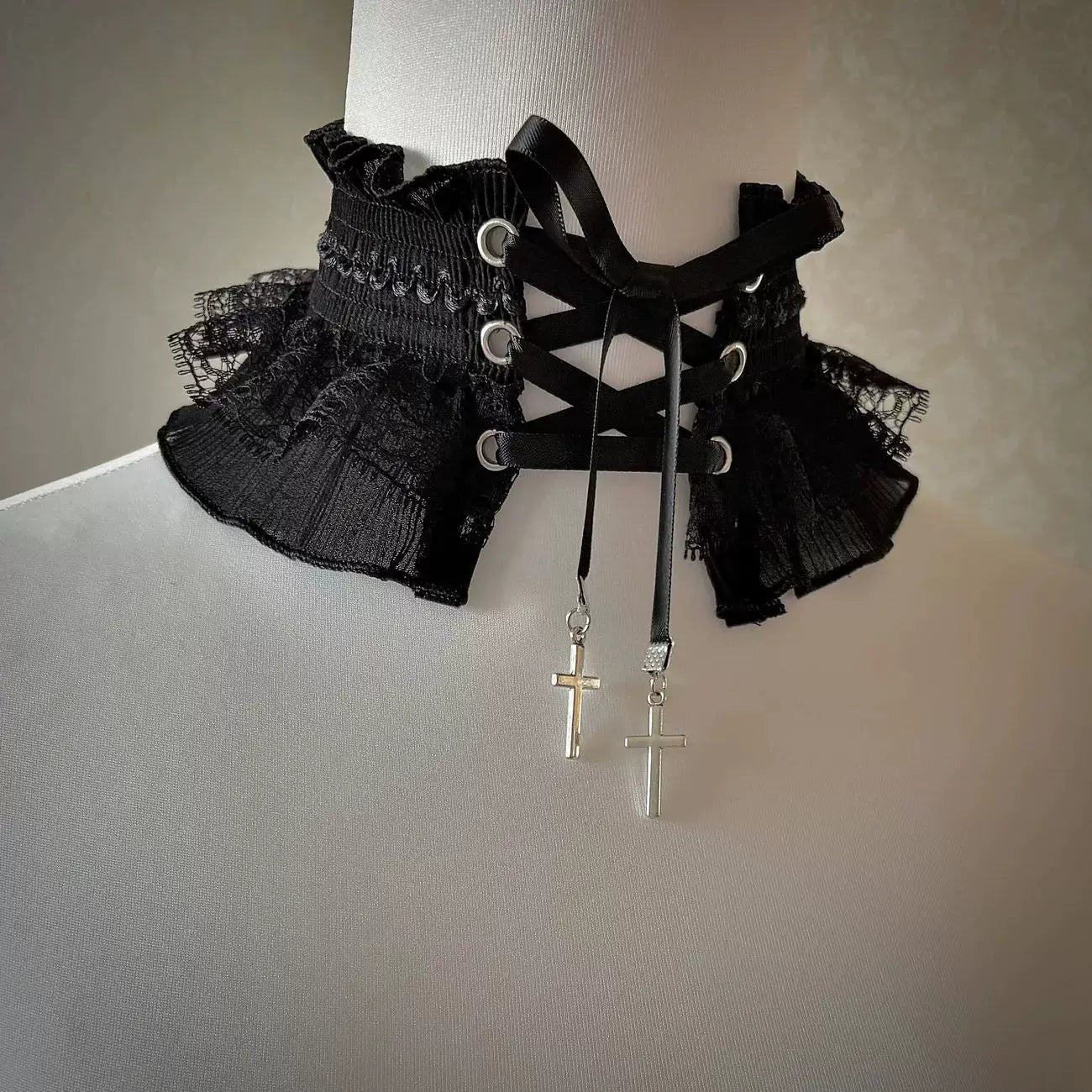 Independent Brand - Gothic Cross-Strap - Black Lace Necklace & Elastic Leg Garter with Criss-Cross Straps