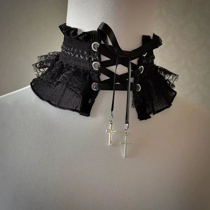Independent Brand - Gothic Cross-Strap - Black Lace Necklace & Elastic Leg Garter with Criss-Cross Straps