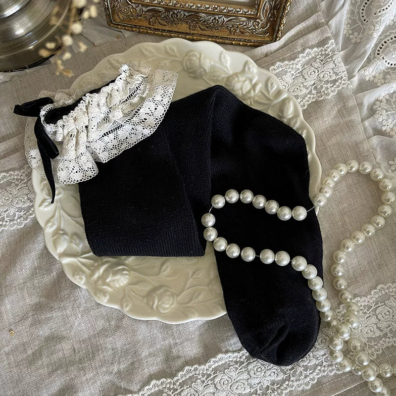 Sock Noble - Cream Lace Cake - Over-the-knee and mid-calf socks with layered lace bows