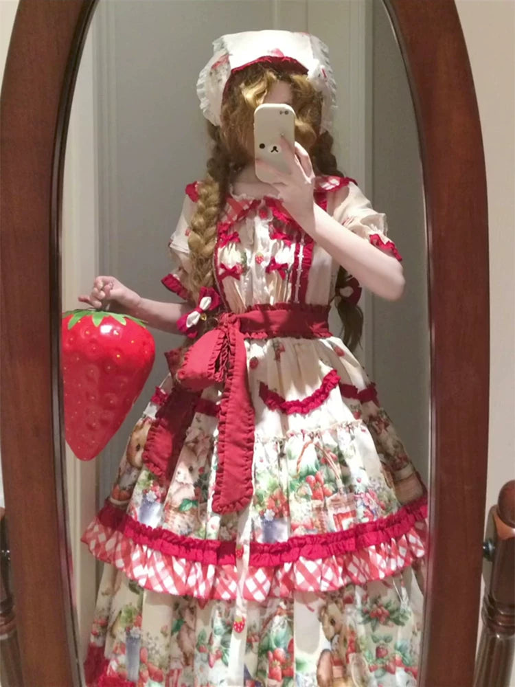 Dream Bunny - December Strawberry Field - Strawberry-Print One-Piece Dress with Red Gingham Ruffles