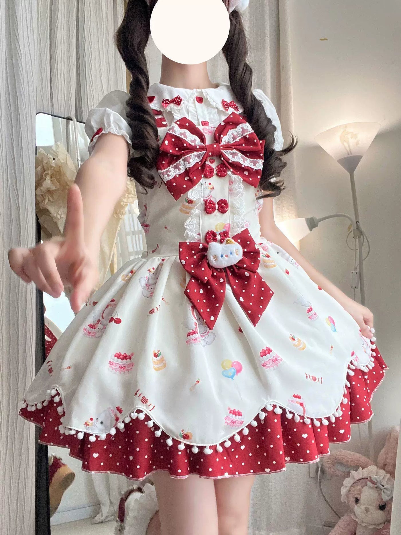 Sweetheart Dream Machine - Meow Meow Milk Cake - Printed JSK with Cherry-Red Bows