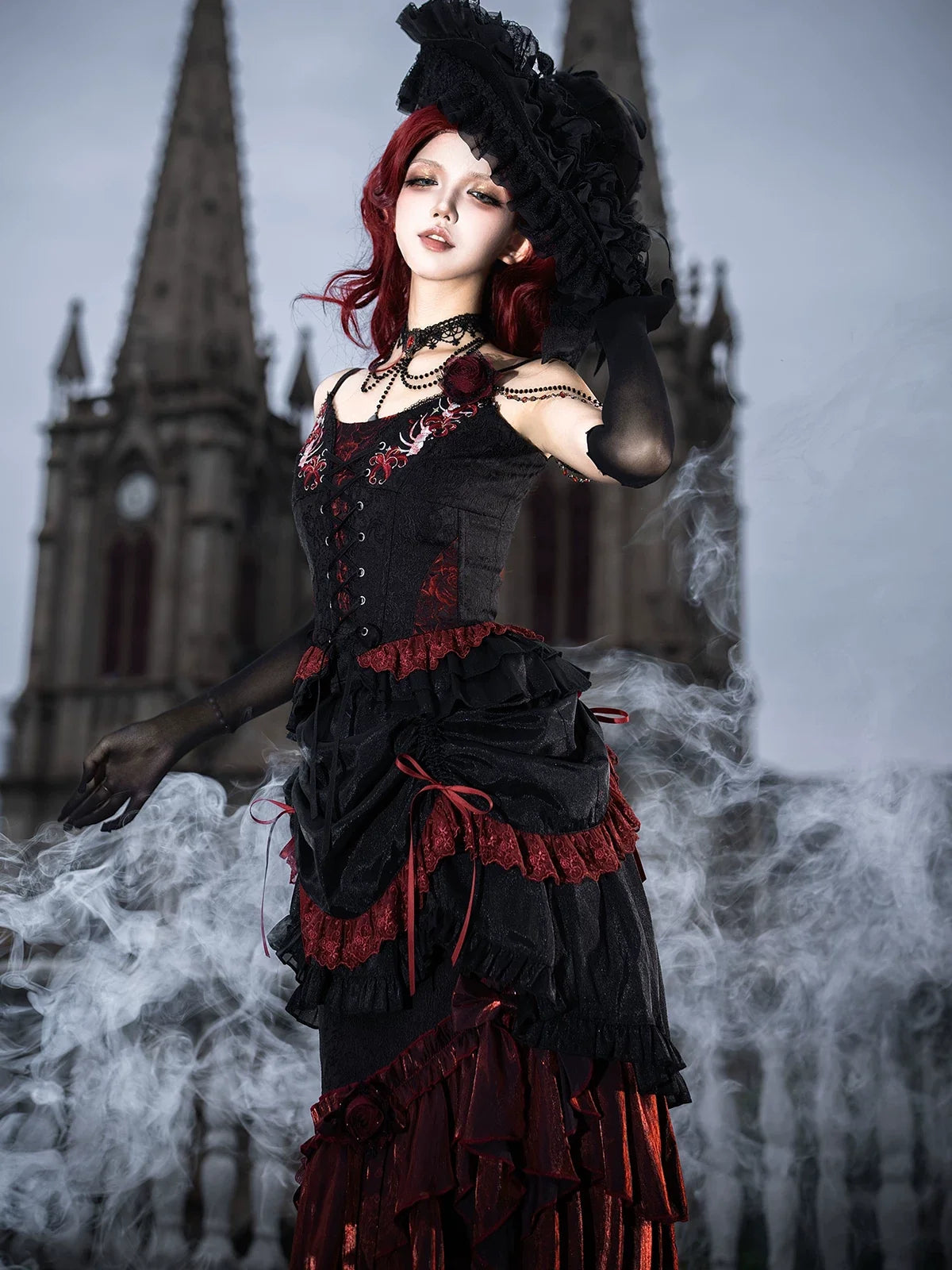 Your Princess - Bone Rot Bloom - Gothic Lolita Embroidered Camisole & Drawstring Lift-up Hem Skirt