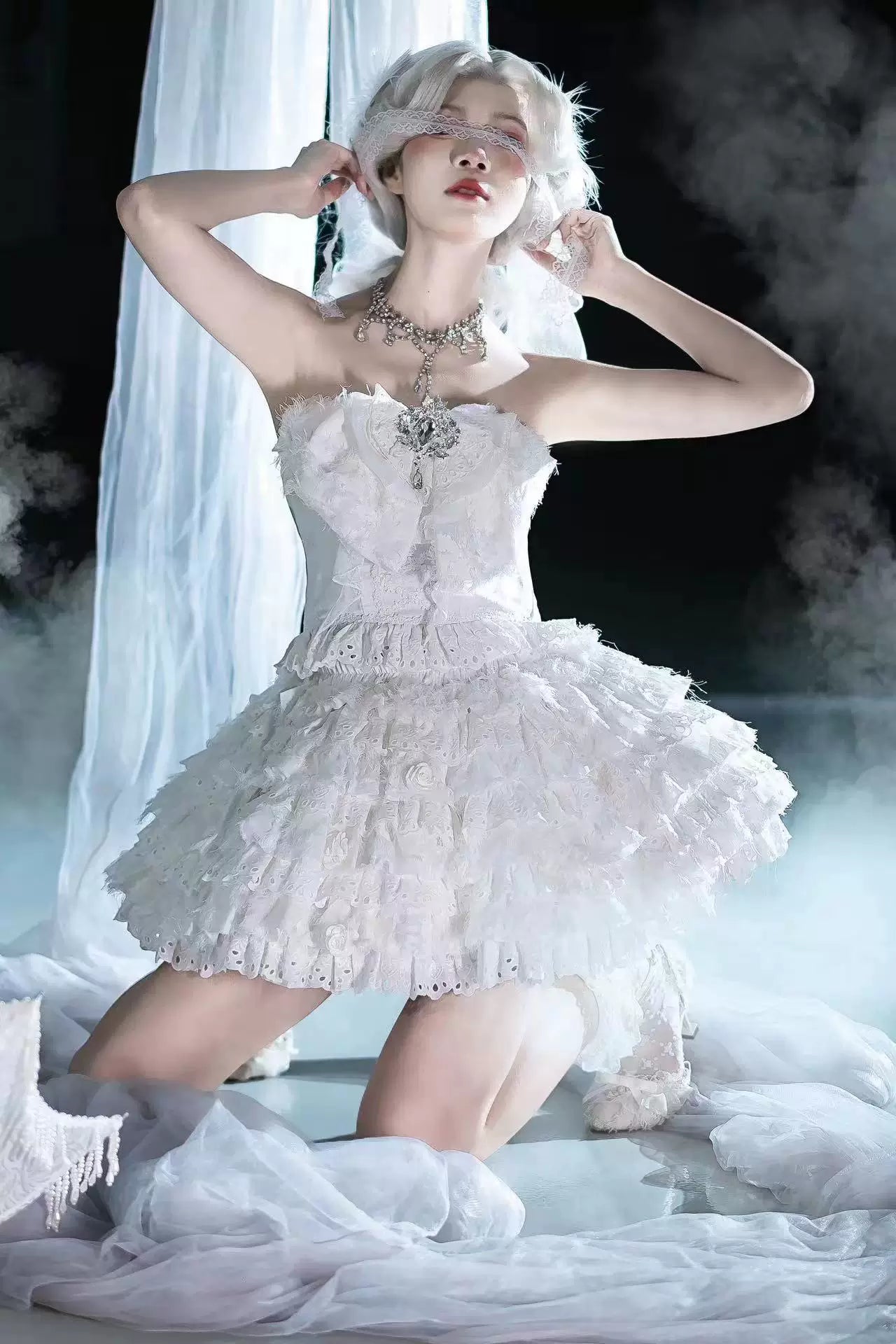 Alice - Swan Castle - White Two-Piece Dress Set with a Bow-Front Halter Top