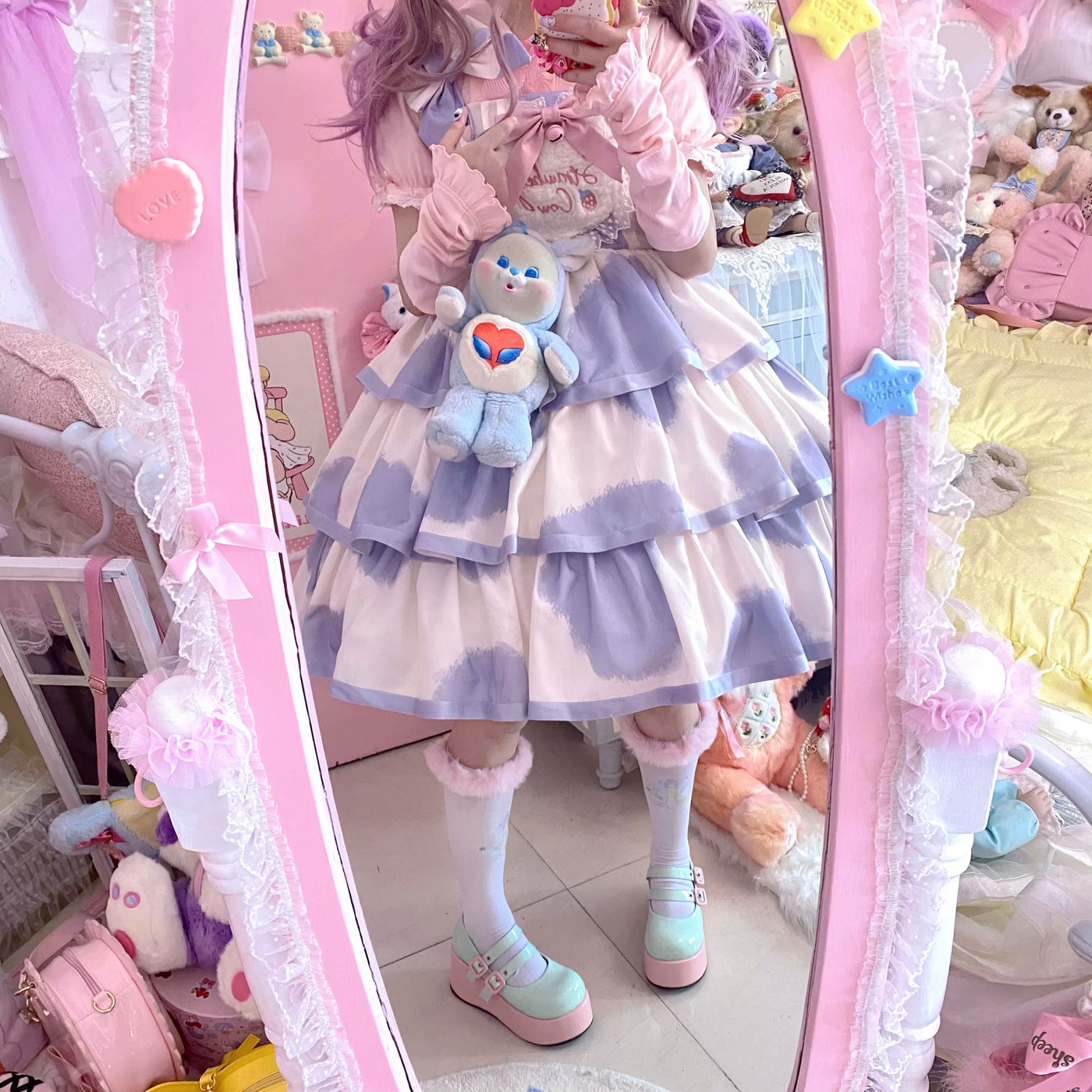 Tata Long Ear - Milk Cake Cow Print - Cow-Print JSK Dress with Three-Section Skirt