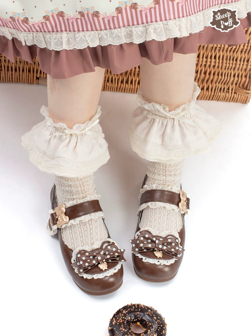 Sheep Puff Sheep Puff Bear Polka Dot Lolita Shoes with low heels and cute bear and polka dot design.