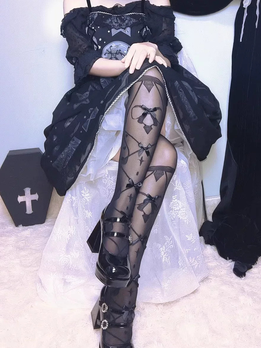 Fantasy Doll - Pink Ribbon - Black Over-Knee Stockings with Bow Details
