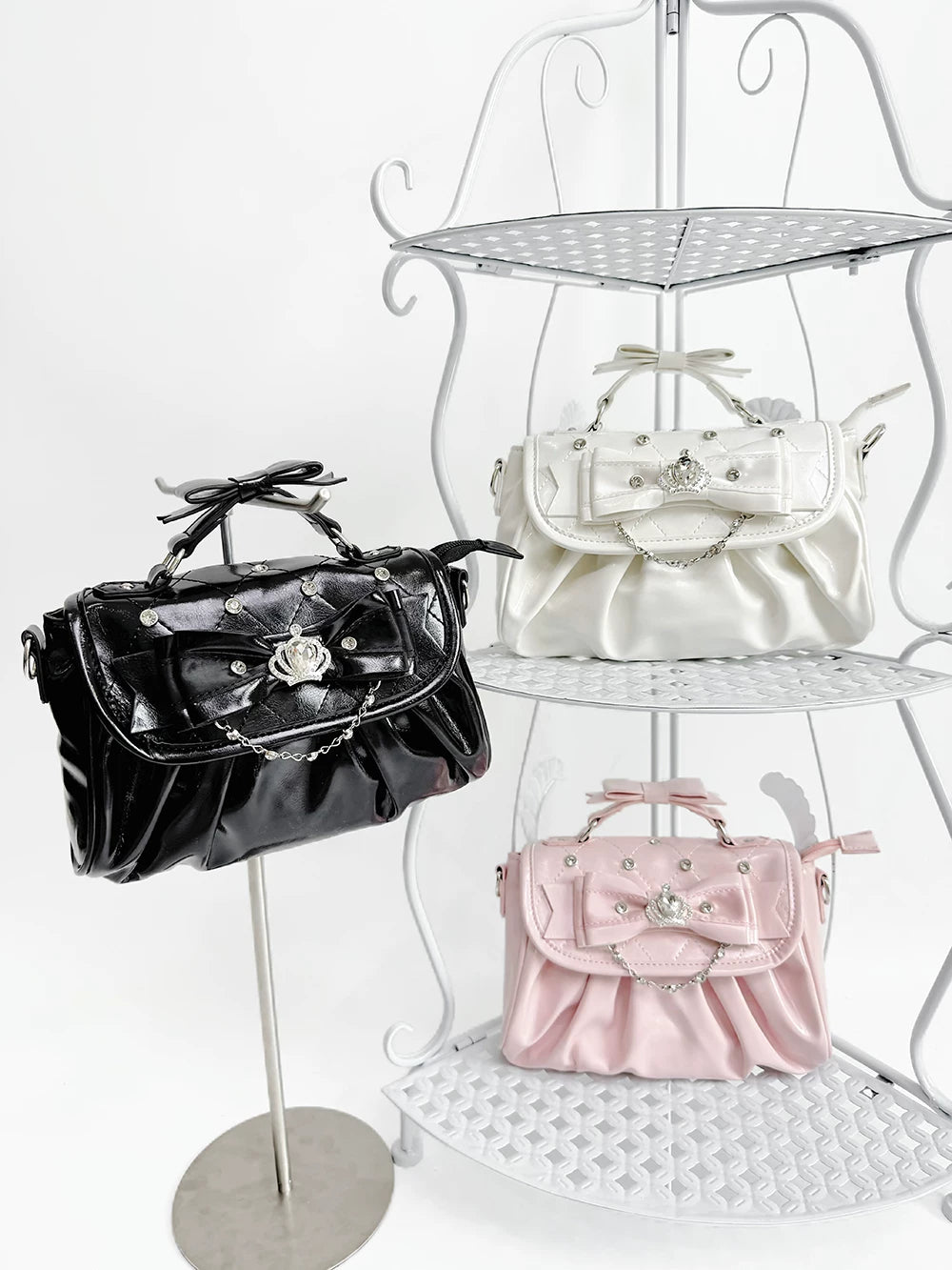 Small Pink Transfer Student Lolita Coronation shoulder bag with rhinestone and lace details
