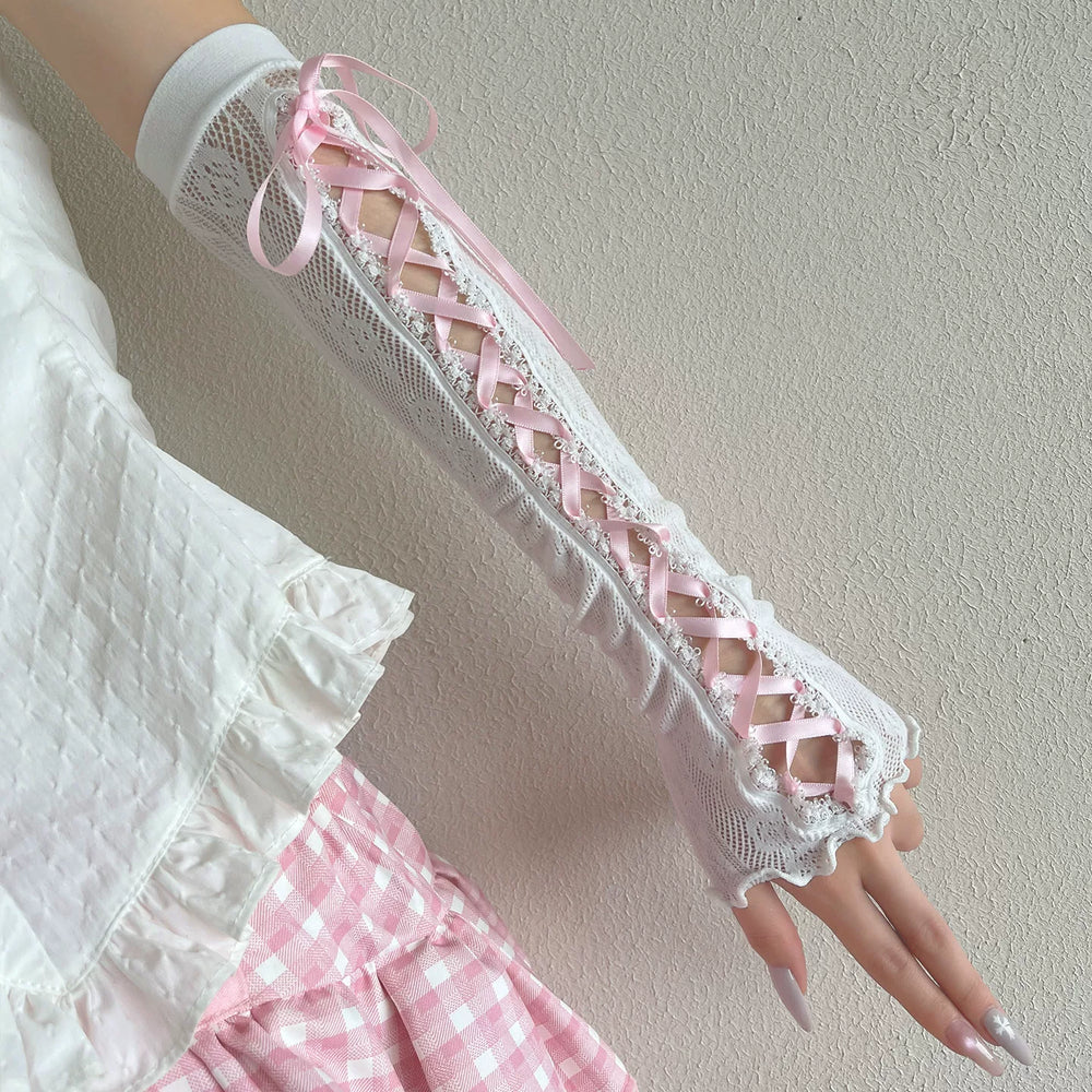 White lace arm sleeve with matching ribbon tie