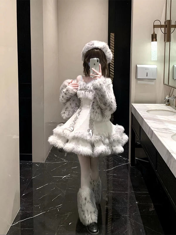Creamy - Winter Fuzzy - Fuzzy Coat and Puff Dress Set