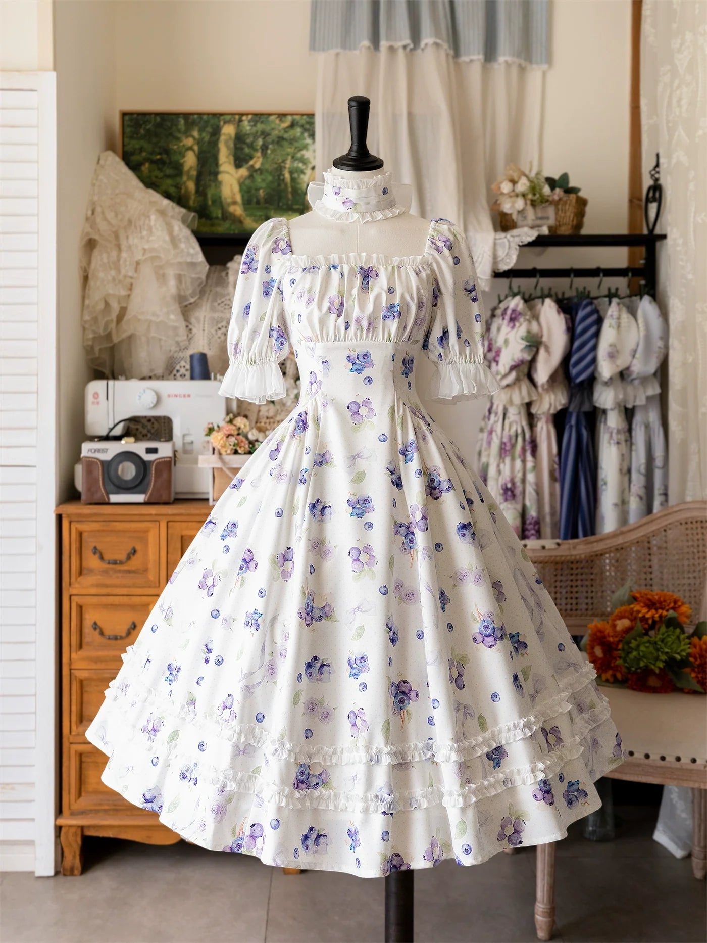 Forest Basket - Classic Lolita OP Dress Floral Print S Blueberry