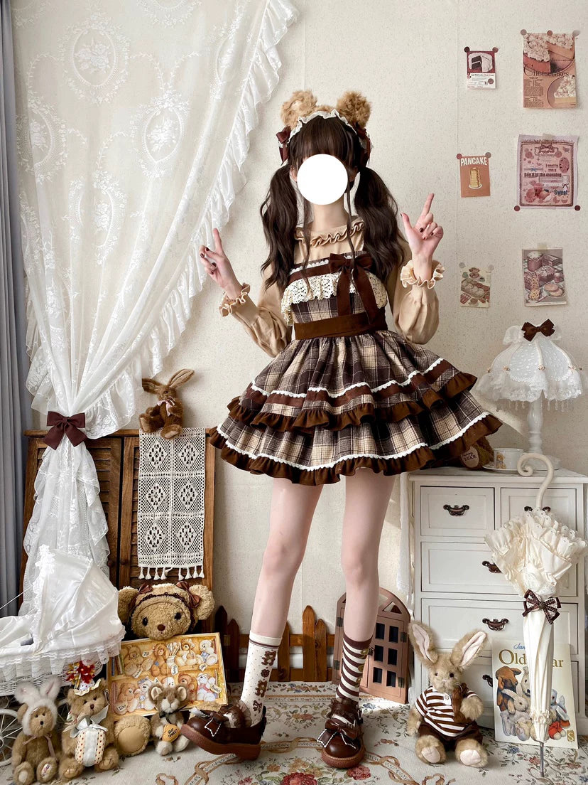 Thousand Wood - Caramel Cocoa - JSK with Brown Plaid Tiers and Ruffle Trim