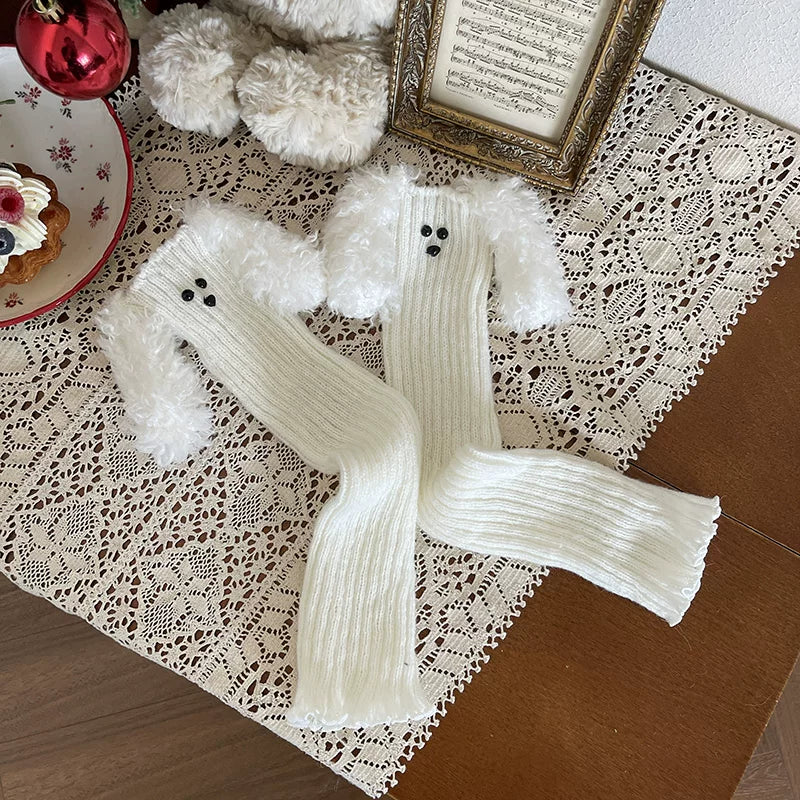 Sock Noble - Big-Eared Dog Layers - White sock covers and fine-striped pantyhose with optional fur trim