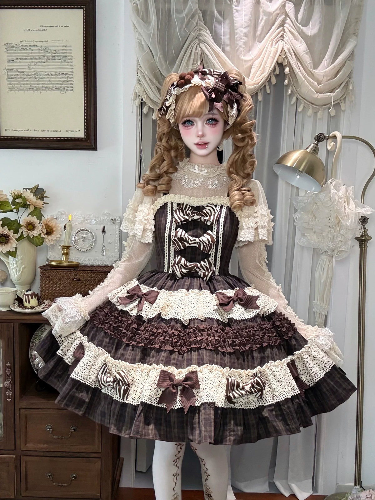 Eye Of White Crow - Chocolate Plaid - Kawaii Lolita JSK dress with layered ruffles - product detail 3