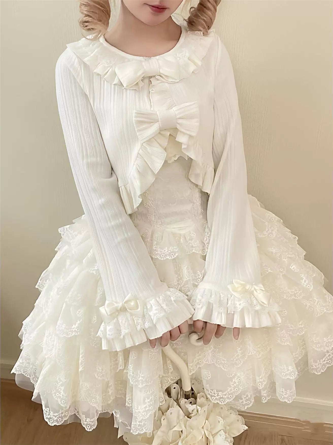 Sweetheart Dream Machine - Ribboned Ruffle - Short Shawl Coat with Ruffled Collar