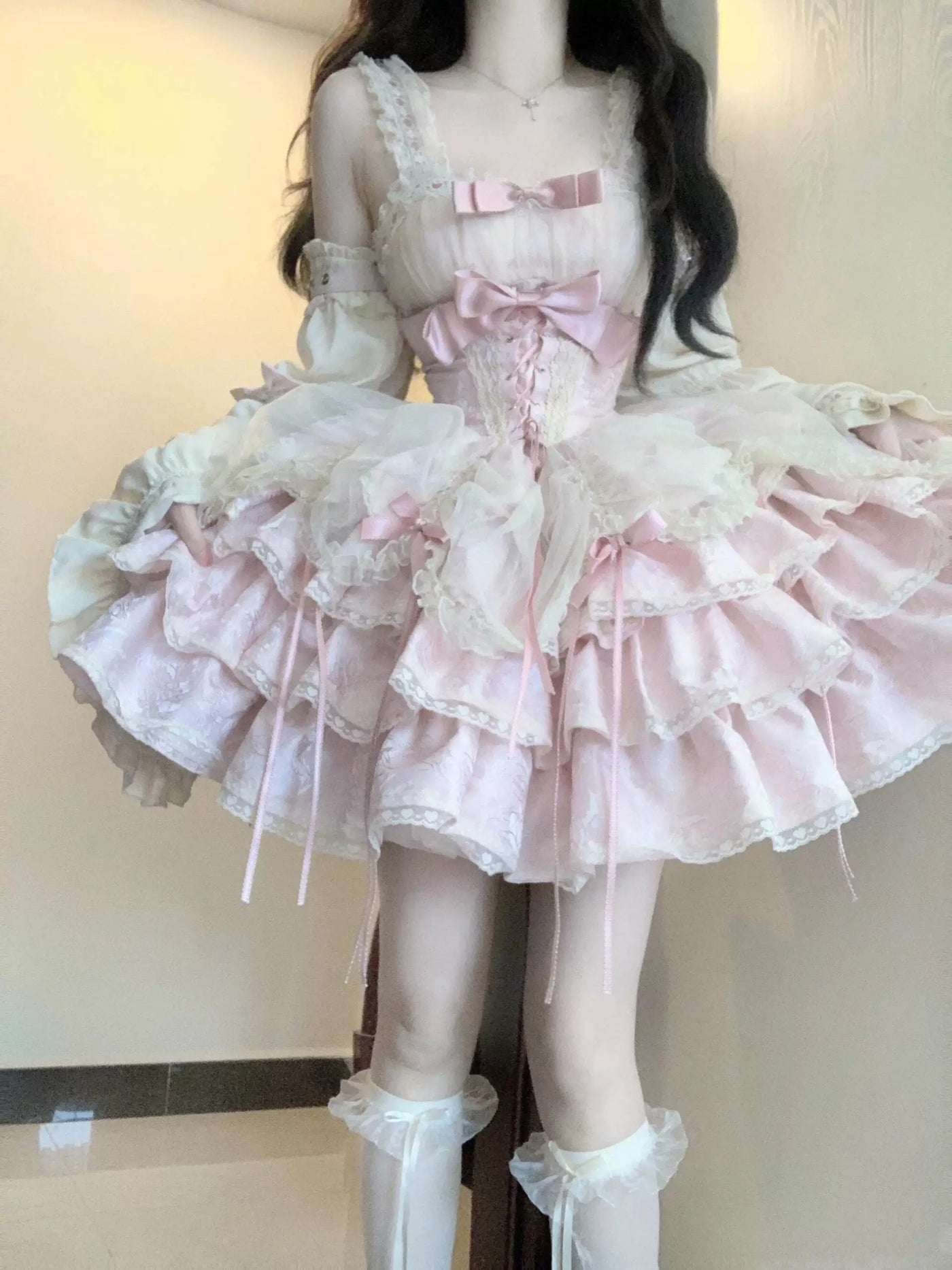 Creamy - Pink Ribbon Lace - Pink JSK with Lace Bows