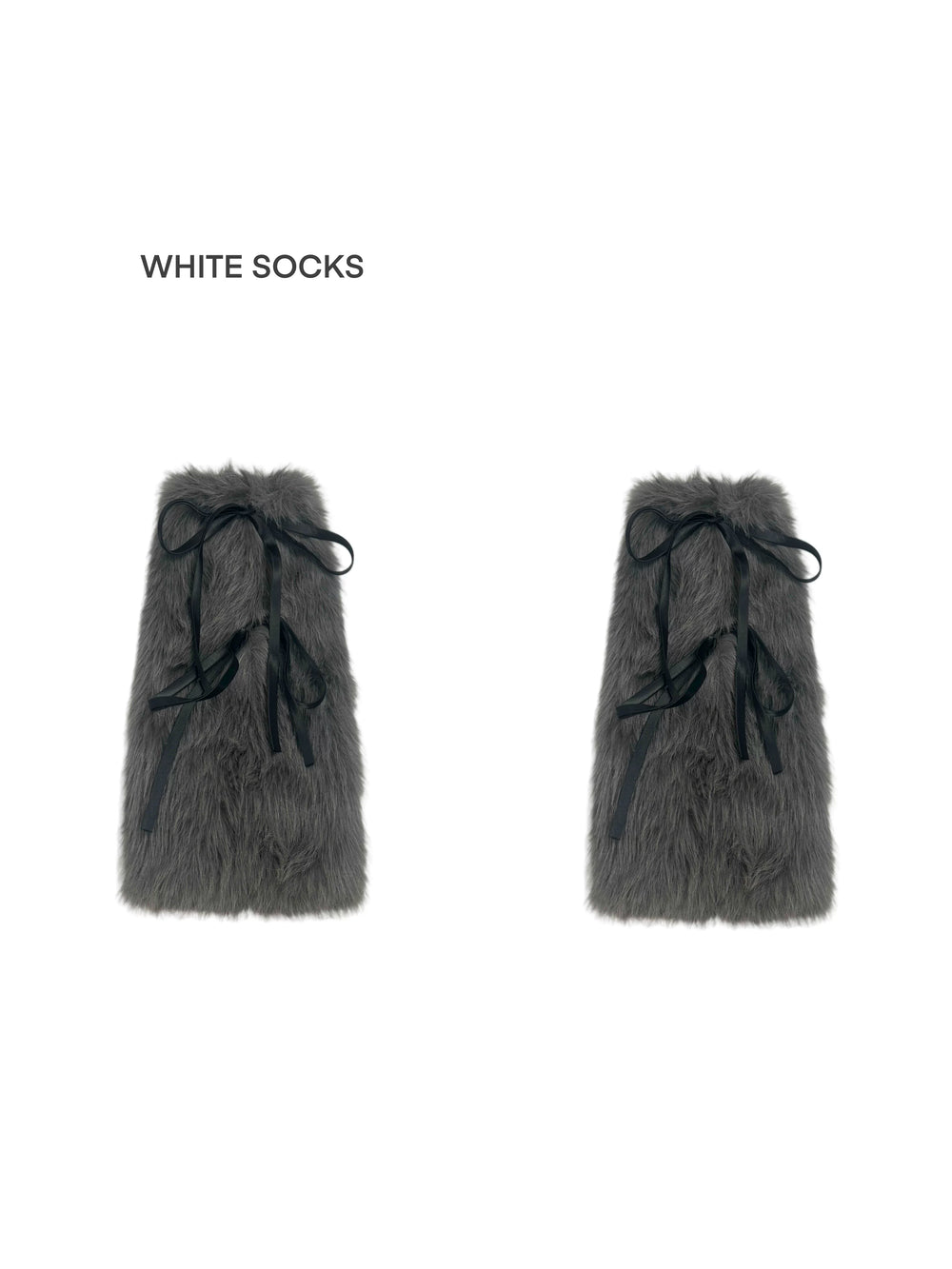 White Socks grey furry leg warmers with long black tie cords