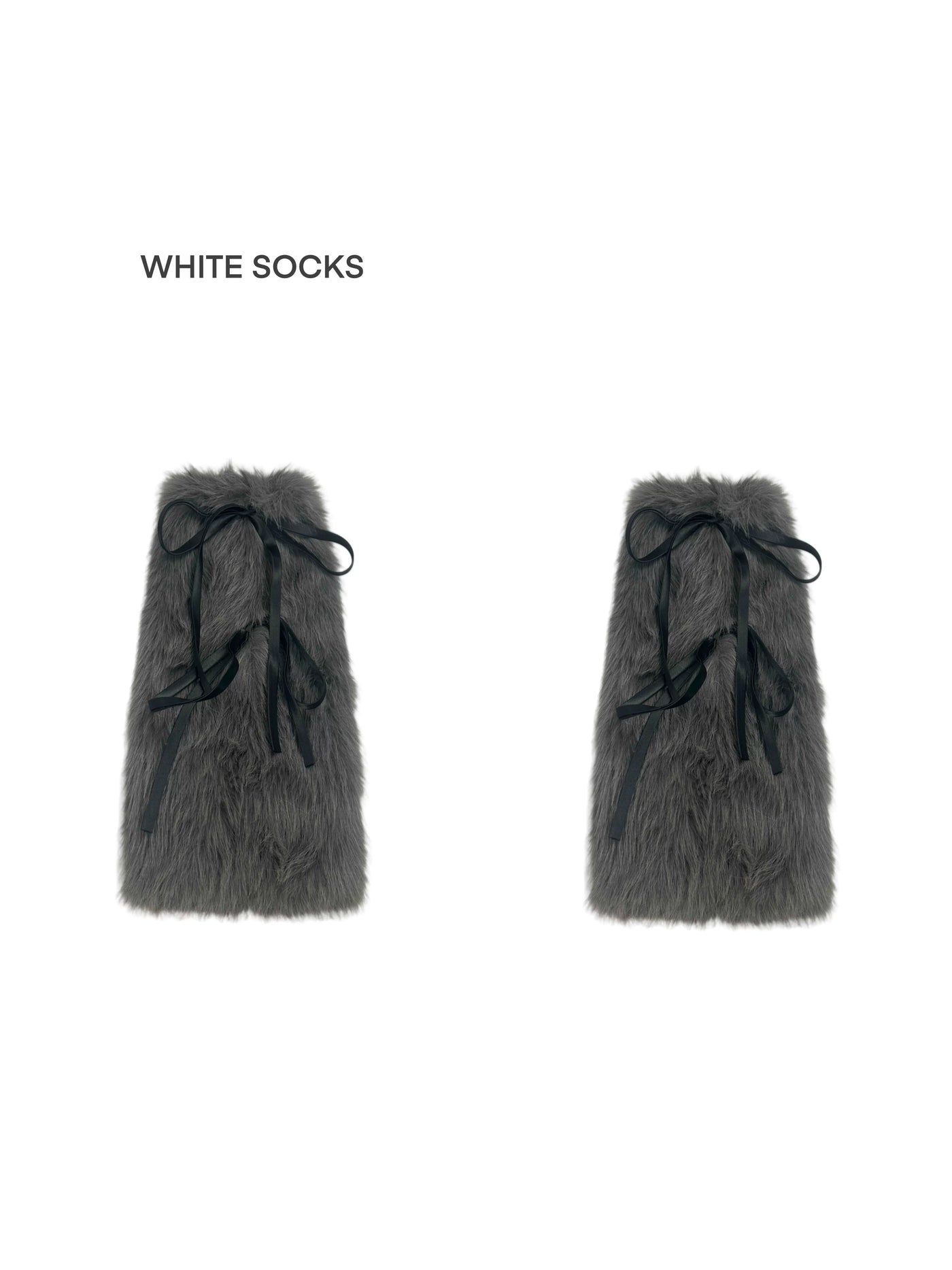 White Socks grey furry leg warmers with long black tie cords