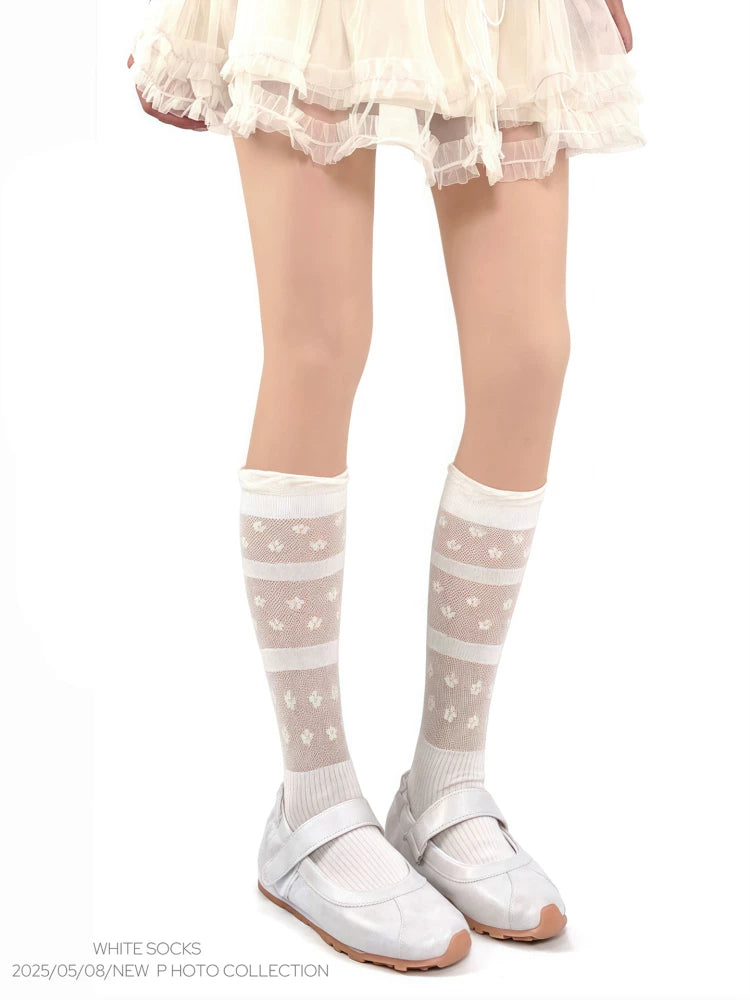 White Socks - Floral Openwork - Cotton-Yarn Mid-Calf Slouch Socks with Flower Motifs