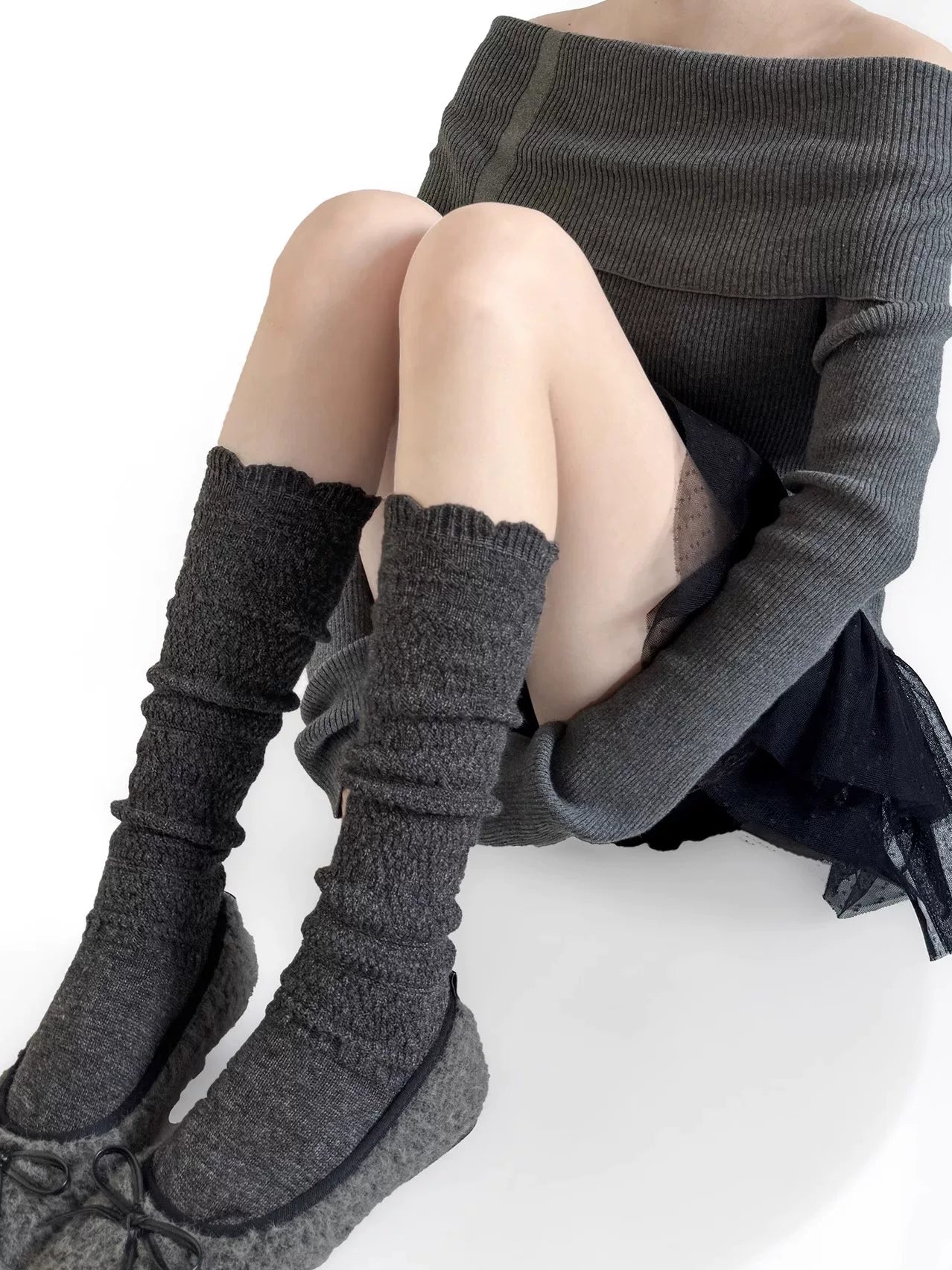 Fantasy Doll - Openwork Ruffle - Openwork Knit Mid-Calf Socks with Ruffled Cuffs