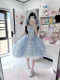 Dream Cherry Box - Dream Music Box - JSK Dress with Layered Lace Trim - In-stock blue JSK + veil / S