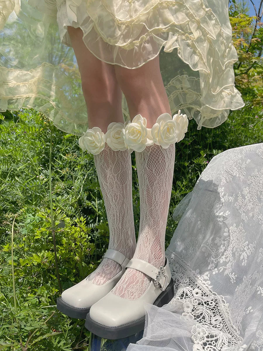 Sock Noble - Camellia Lace - Slouchy Mid-Calf Socks with Flower Cuffs