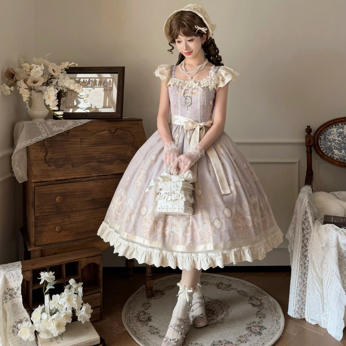 Thousand Wood - Dreamy Unicorn - Unicorn-Print JSK Dress with Ruffled Shoulder Straps and Waist Bow