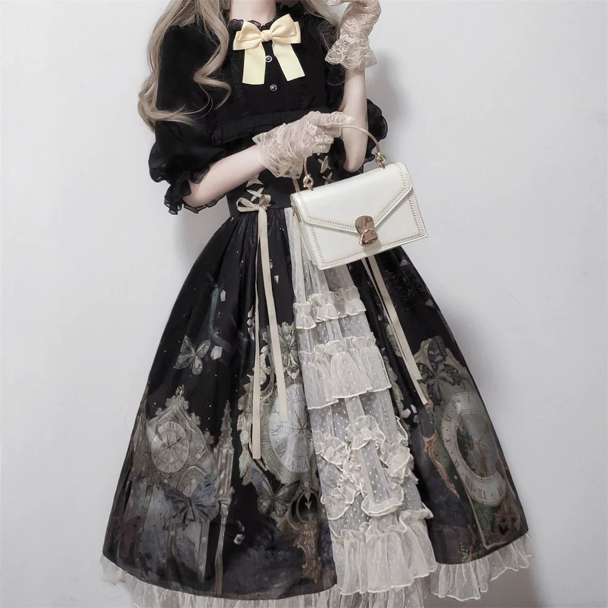 Your Princess - Clock Butterfly - Gothic Lolita Printed Blouse and Corset Skirt Set