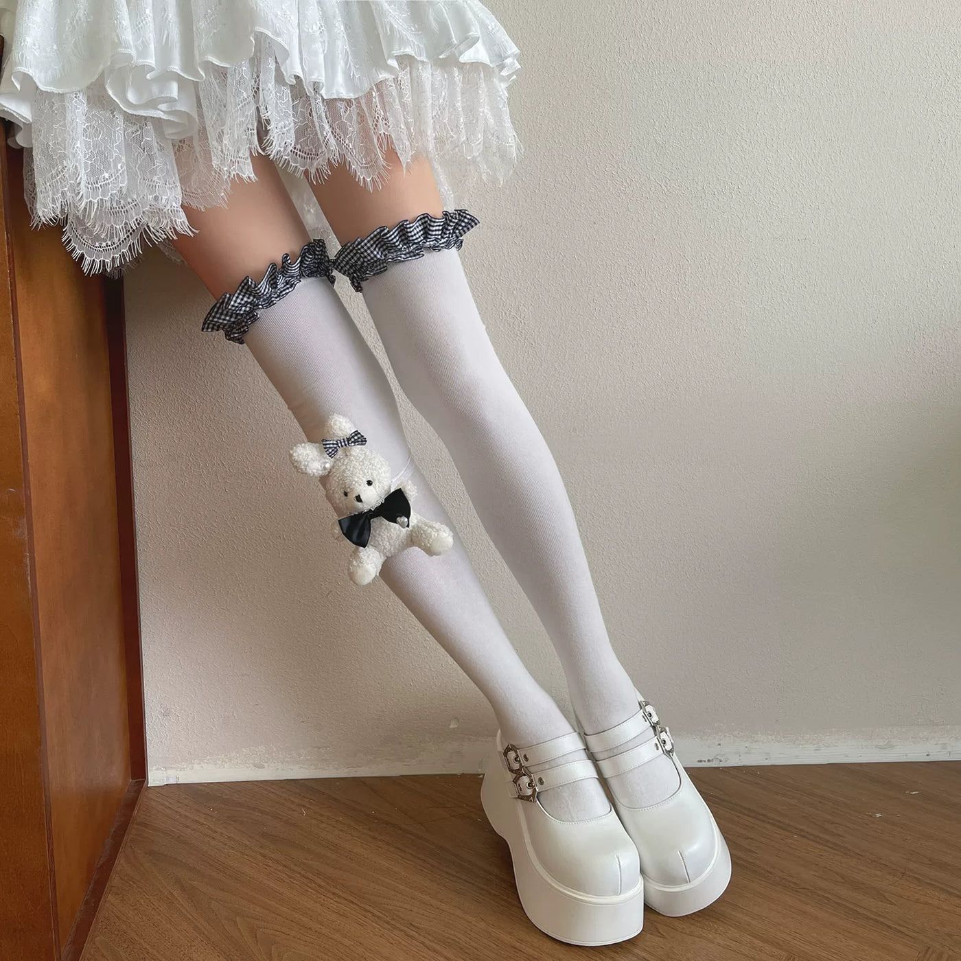 Sock Noble - Dreamy Rabbit - Plaid Lace-Trimmed Over-the-Knee Socks with Leg-Ring Options