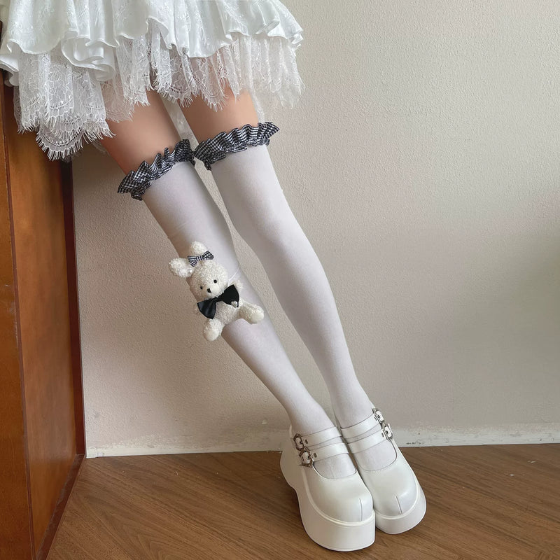 Sock Noble - Check Bunny - Over-the-Knee Socks with Bow Leg Ring Options
