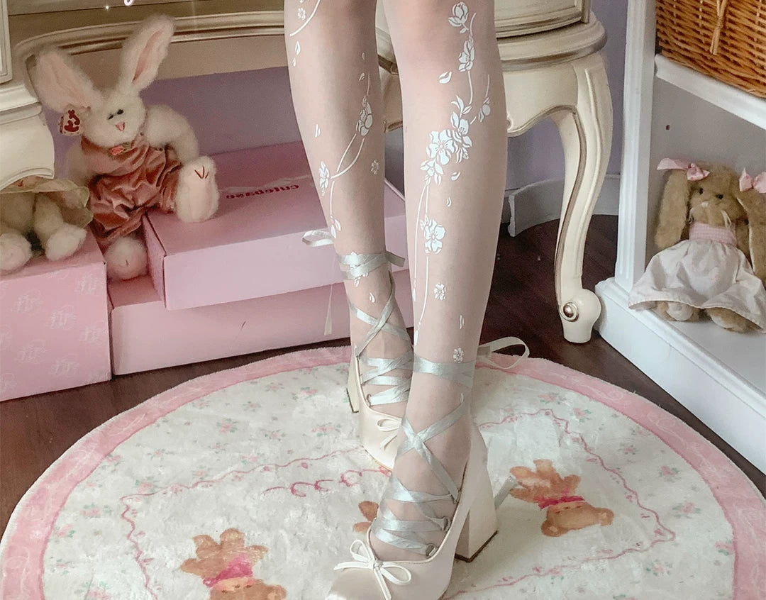 roji roji - Falling Blossom - White Floral-Print Tights