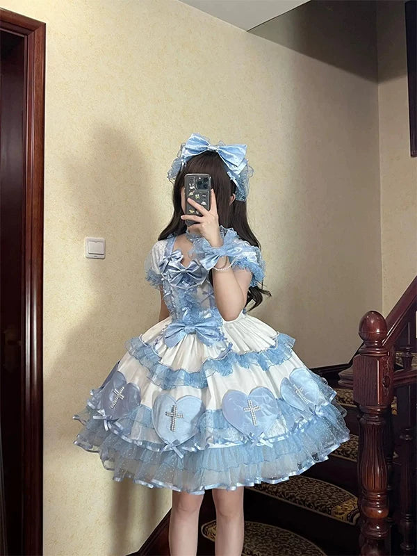 Creamy - Blue Cross Heart Doll - Short-Sleeve Lolita Dress with Heart-and-Cross Appliqués