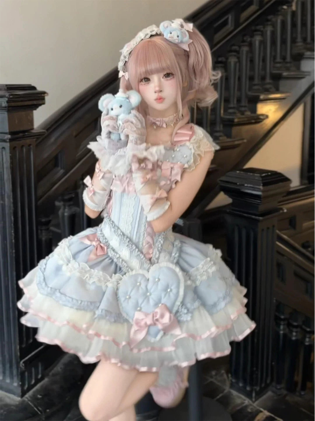 Creamy - Blue Ribbon Heart - Blue JSK Dress with Matching Sash and Large Heart Detail