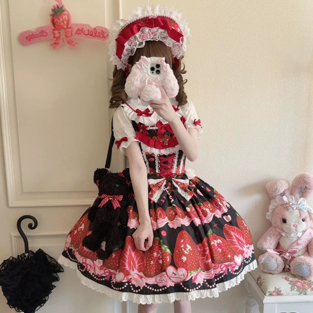 Lady Han Sweet Berry Story JSK dress by Lolita Fetch featuring a cute, colorful berry print on a feminine, sweet Lolita style dress.