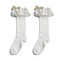 WAGUIR - Cotton Lolita Bow Socks with - Layered Lace Trim Socks - One Size / White - Long Version