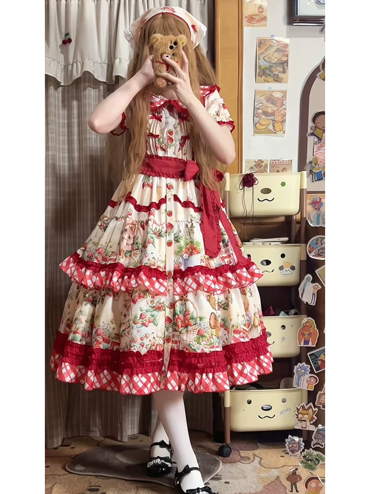 Dream Bunny - December Strawberry Field - Strawberry-Print One-Piece Dress with Red Gingham Ruffles
