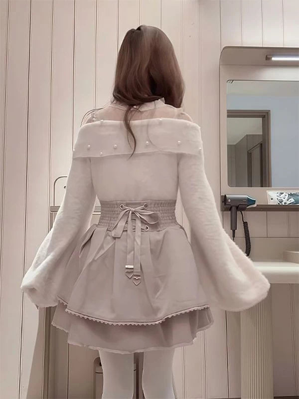 Creamy - Soft-Girl Sweet - Lolita Fashion Set with Bow Top and High-Waisted Short Skirt